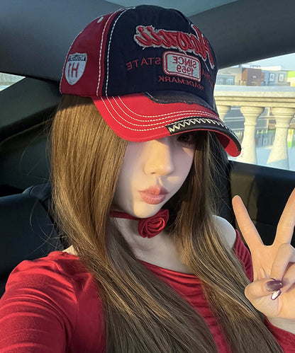Denim Red Baseball Embroideried Cap Hat Stylish