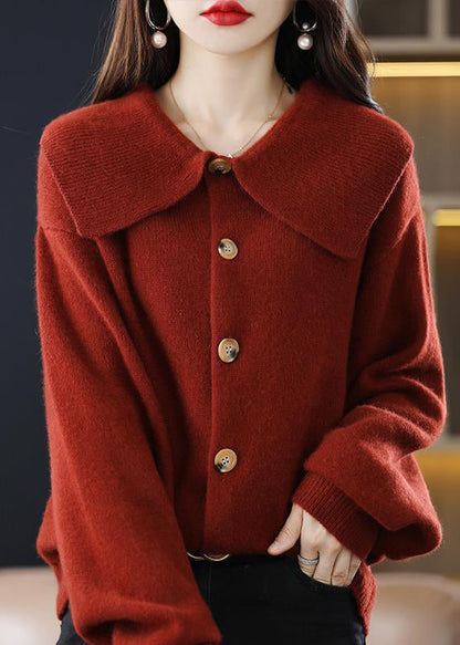 Stilvolle rote Peter Pan Kragen Knopf solide Strickjacke Herbst QI048