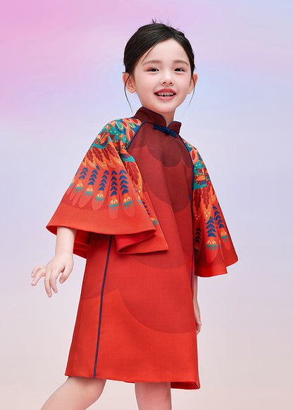 Dresses Sleeves Kids Print Stylish Cloak Red Vacation Maxi