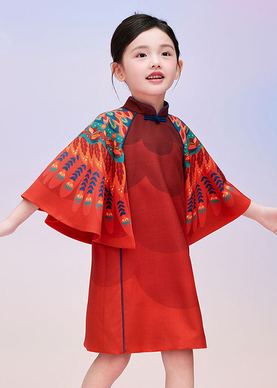 Dresses Sleeves Kids Print Stylish Cloak Red Vacation Maxi