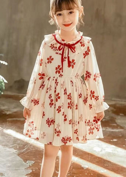 Stilvolles rotes Chiffon-Kleid für Mädchen mit Rüschen und Schnürung, ausgestellte Ärmel, XZ098