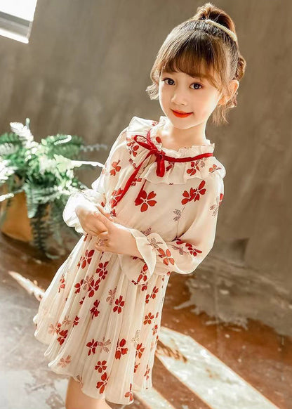 Stilvolles rotes Chiffon-Kleid für Mädchen mit Rüschen und Schnürung, ausgestellte Ärmel, XZ098