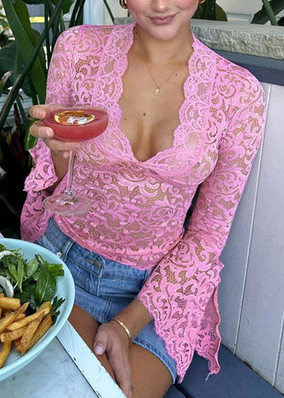 Red T Sleeve Flare Neck Lace Stylish Shirts V