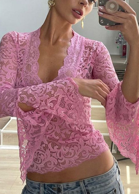 Red T Sleeve Flare Neck Lace Stylish Shirts V