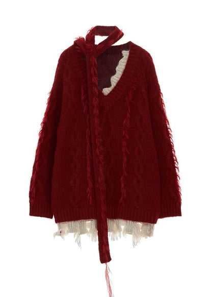 Stylish Red V Neck Tassel Knitted Sweaters Tops Spring TN022