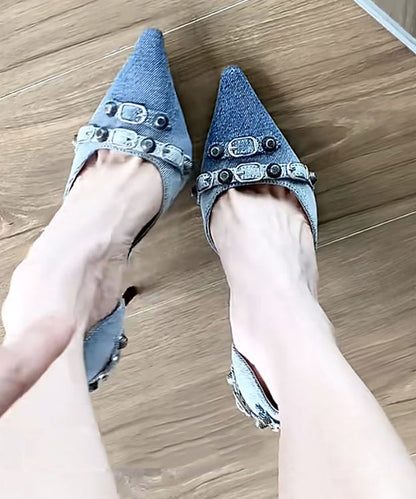 Fabric High Stiletto Heels Stylish Blue Denim Rivet Splicing