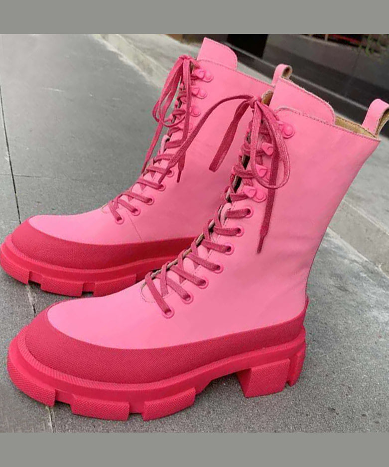 Bottes épaisses à rivets et lanières croisées roses élégantes AP1017