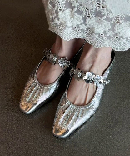 Slide Stylish Silver Leather Sandals Faux Splicing