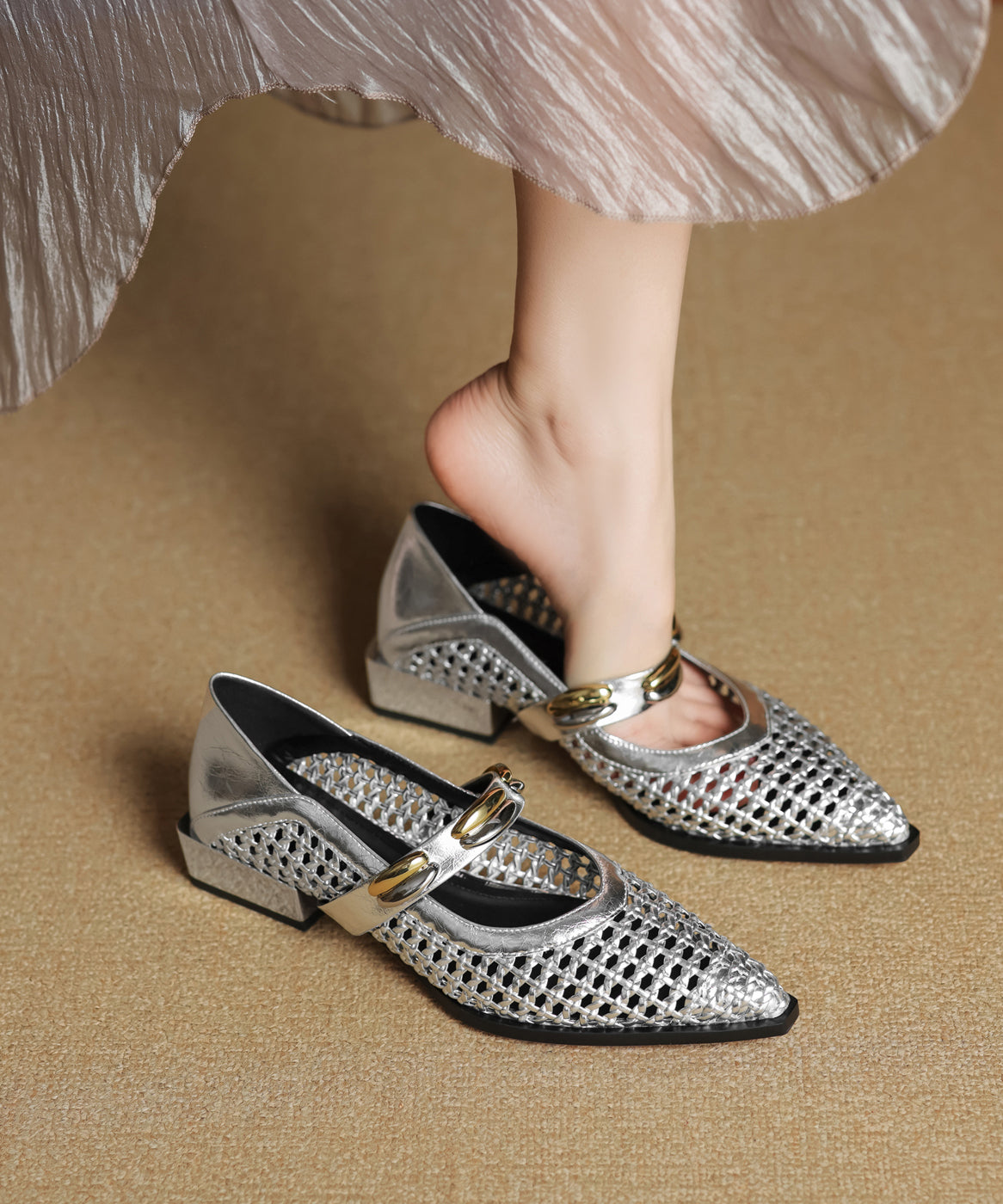 Stylish Cowhide Shoes Silver Hollow Out Splicing Flat Leather