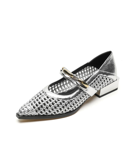Stylish Cowhide Shoes Silver Hollow Out Splicing Flat Leather