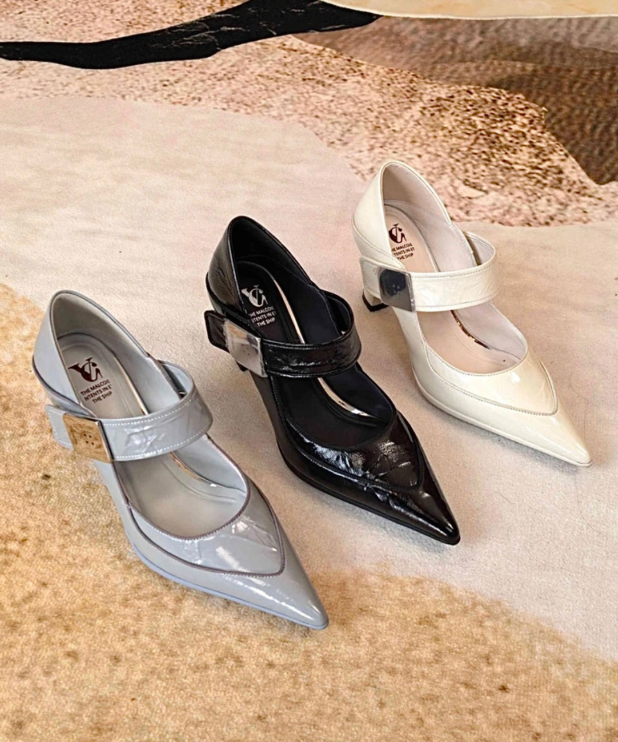 Cowhide Blue Stylish Leather Splicing Grey Pointed Toe High Heels