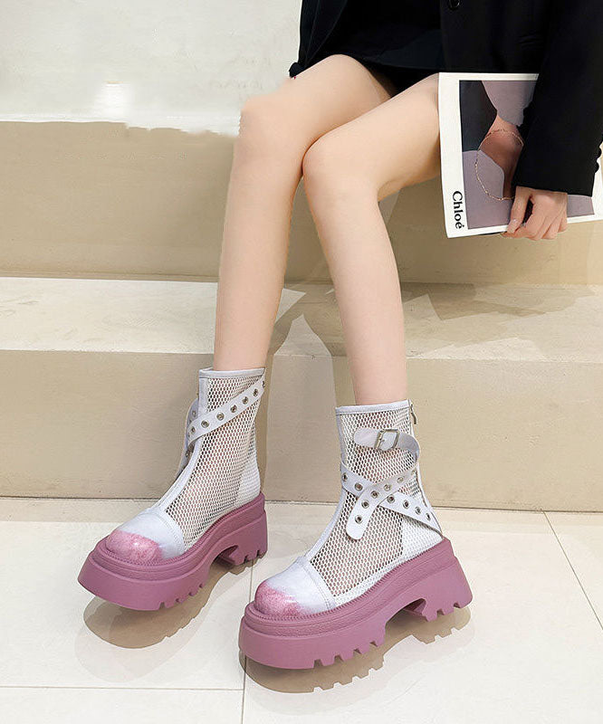 Stylish Splicing Platform Boots Pink Breathable Mesh JJ039