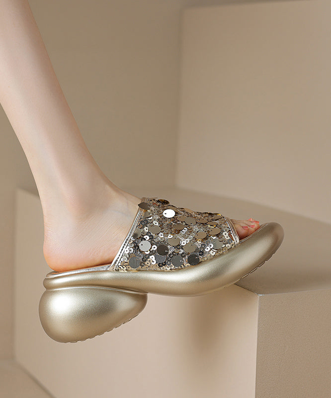 Splicing Gold Stylish Platform Peep Slide Sandals Sequins Toe