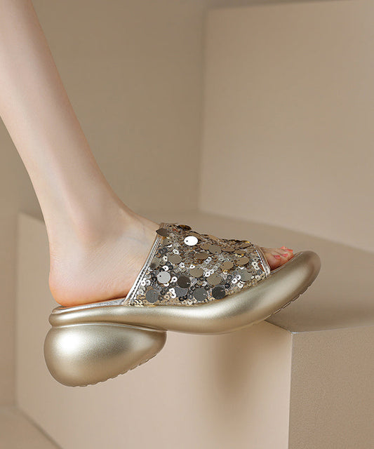 Splicing Gold Stylish Platform Peep Slide Sandals Sequins Toe