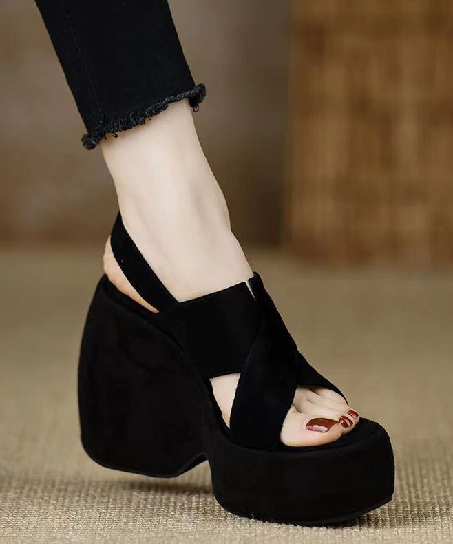 Heels Stylish Wedge Sandals Splicing Peep Black Toe Suede