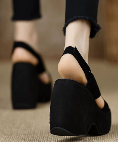 Heels Stylish Wedge Sandals Splicing Peep Black Toe Suede