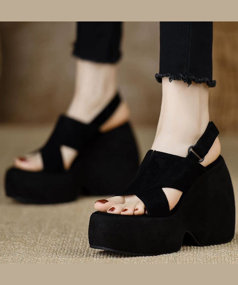 Heels Stylish Wedge Sandals Splicing Peep Black Toe Suede