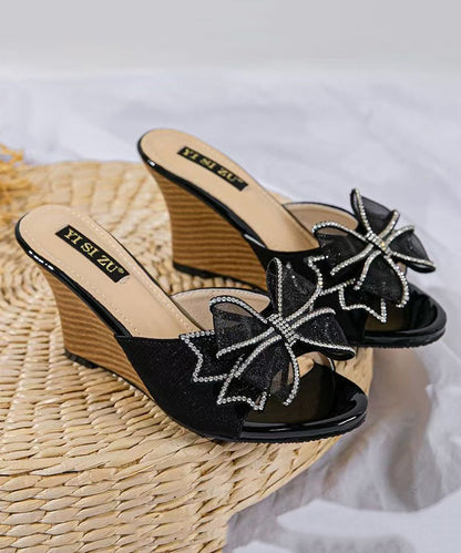 Toe Wedge Sandals Slide Stylish Black Splicing Peep Heels Bow