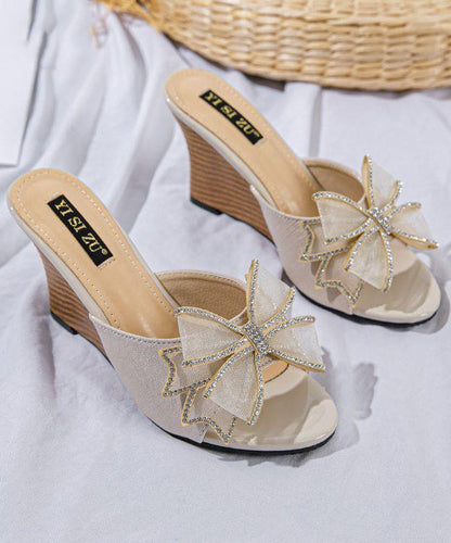 Toe Wedge Sandals Slide Stylish Black Splicing Peep Heels Bow