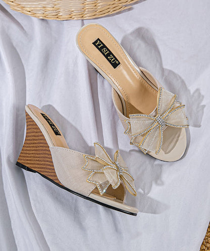 Toe Wedge Sandals Slide Stylish Black Splicing Peep Heels Bow