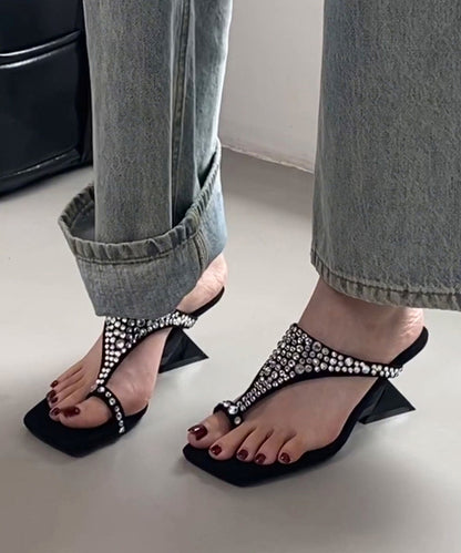 Sandals Black Suede Thong Stylish Zircon Splicing Wedge