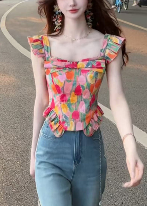 Square Summer Collar Stylish Tops Cotton Print