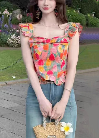 Square Summer Collar Stylish Tops Cotton Print