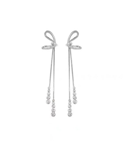 Stylish Sterling Silver Bow Tassel Drop Earrings QQ013