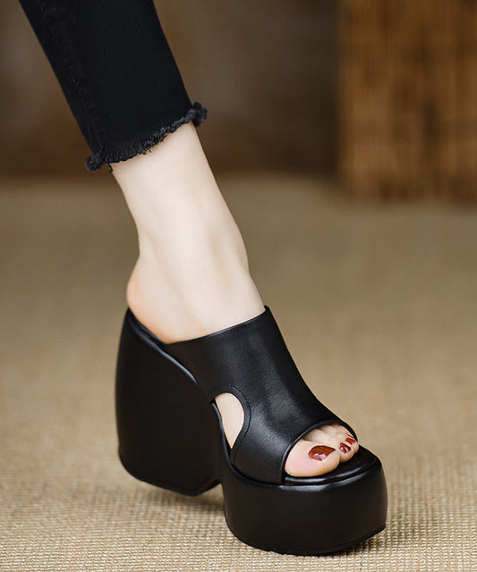 Leather Slide Stylish Heels Wedge Black Cowhide Sandals