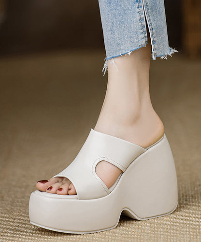 Leather Slide Stylish Heels Wedge Black Cowhide Sandals