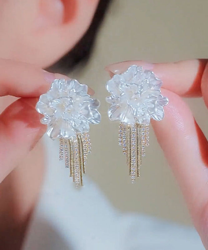 Stylish White Alloy Zircon Floral Tassel Stud Earrings WZ014