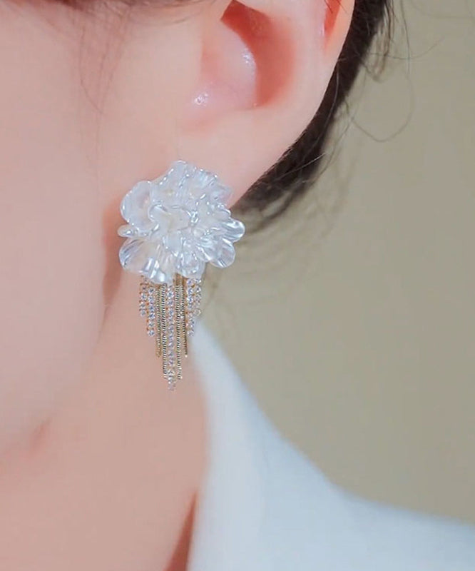 Stylish White Alloy Zircon Floral Tassel Stud Earrings WZ014