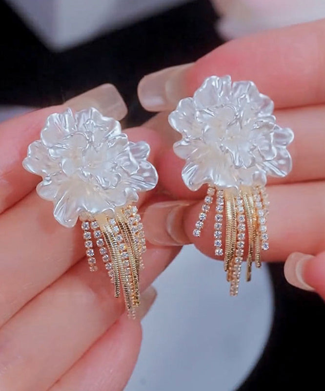 Stylish White Alloy Zircon Floral Tassel Stud Earrings WZ014