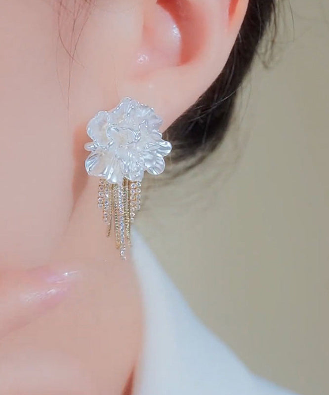 Stylish White Alloy Zircon Floral Tassel Stud Earrings WZ014