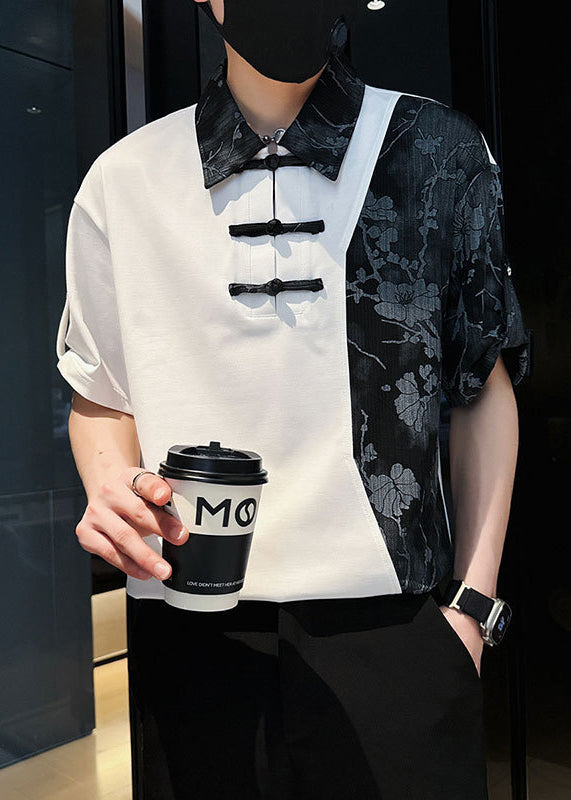 Print Cotton Asymmetrical Mens Polo Patchwork Stylish White