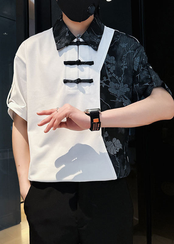 Print Cotton Asymmetrical Mens Polo Patchwork Stylish White