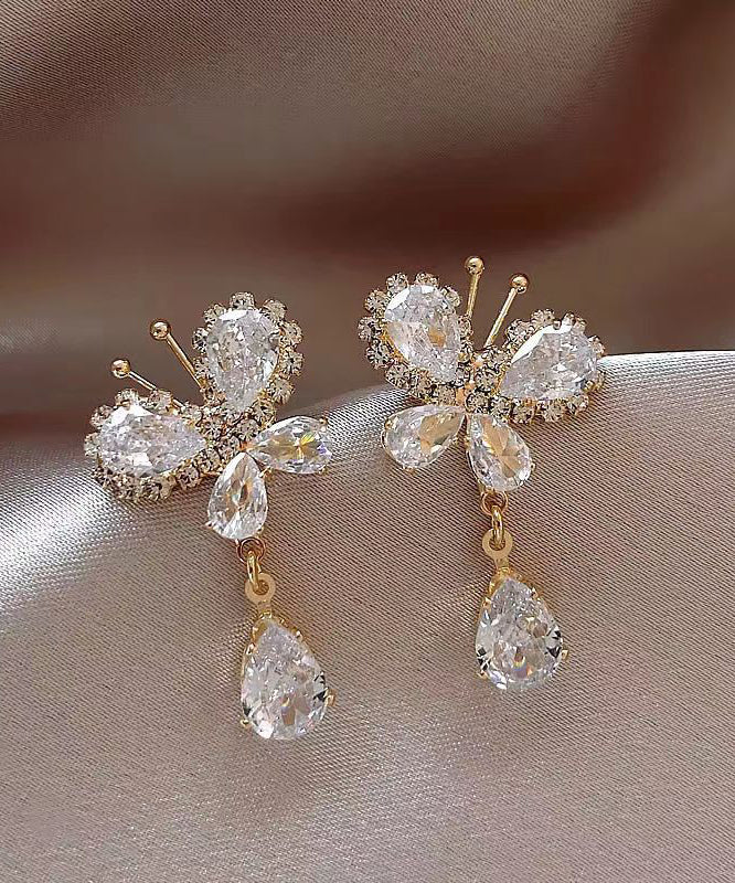 Stylish White Copper Alloy Zircon Butterfly Tassel Drop Earrings WH026