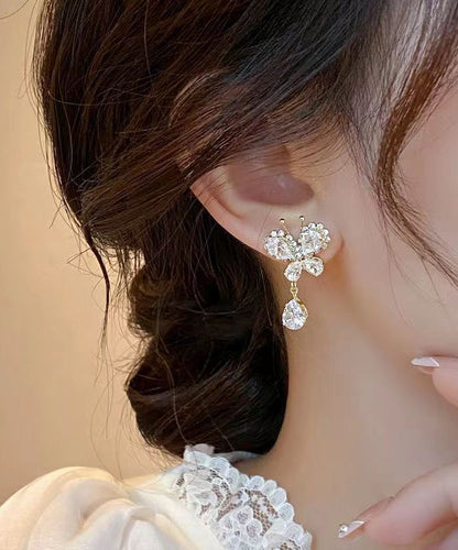 Stylish White Copper Alloy Zircon Butterfly Tassel Drop Earrings WH026