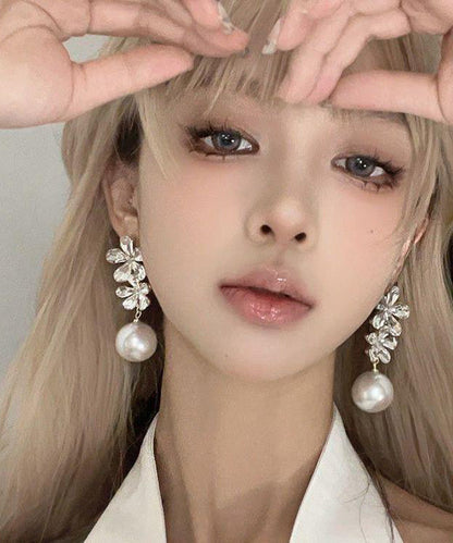 White Zircon Copper Floral Drop Earrings Pearl Overgild Stylish