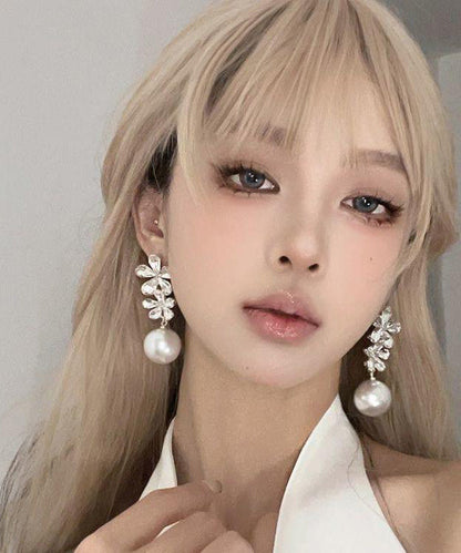 White Zircon Copper Floral Drop Earrings Pearl Overgild Stylish