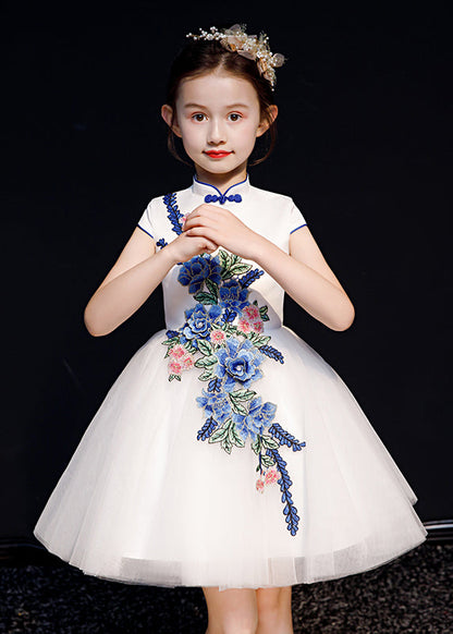 Long Embroideried Girls White Dress Summer Button Tulle Stylish