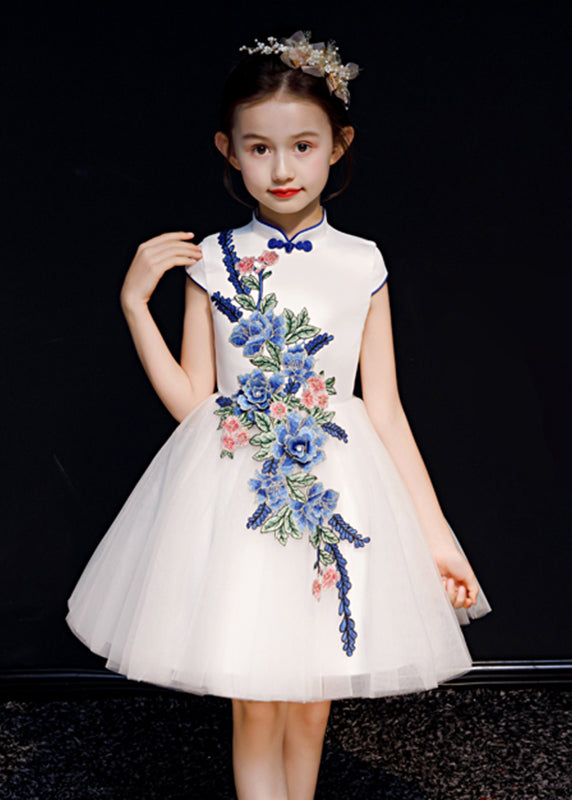 Long Embroideried Girls White Dress Summer Button Tulle Stylish