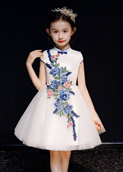 Long Embroideried Girls White Dress Summer Button Tulle Stylish