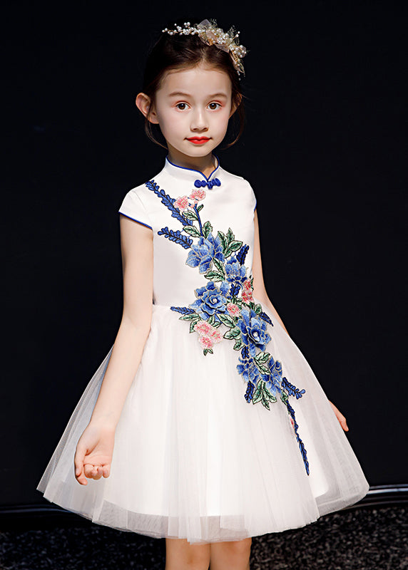 Long Embroideried Girls White Dress Summer Button Tulle Stylish