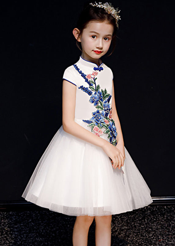 Long Embroideried Girls White Dress Summer Button Tulle Stylish