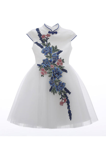 Long Embroideried Girls White Dress Summer Button Tulle Stylish