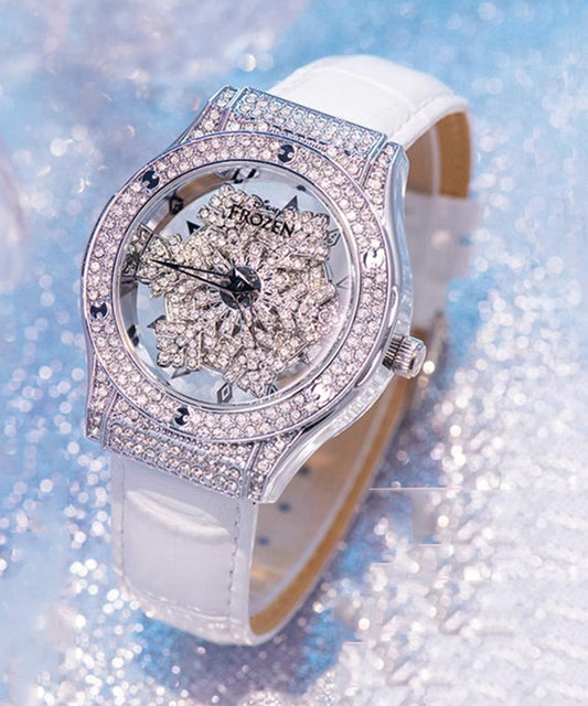 Waterproof Stylish Quartz Leather Zircon Watches Movement White