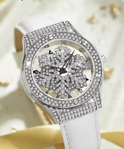 Waterproof Stylish Quartz Leather Zircon Watches Movement White