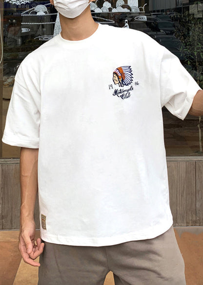 T Men Stylish Embroideried O-Neck Summer Cotton Shirt White