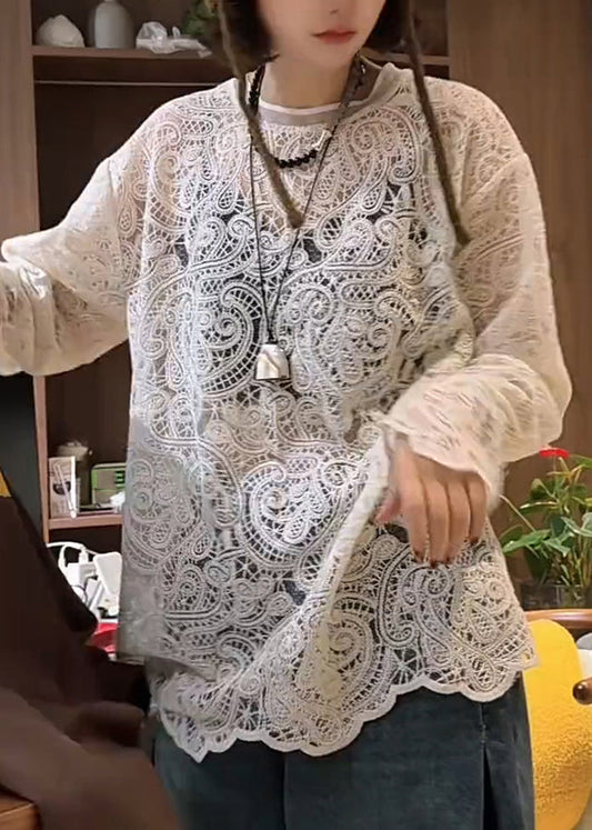 T O-Neck Spring Hollow White Out Shirt Lace Stylish